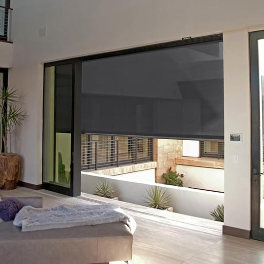 ZSHINE Hard-Wired Outdoor Snow Blocking Weatherproof Motorized Patio Roller Shades Remote Control for Porch Balcony Customized Size (Black 10% Openness)