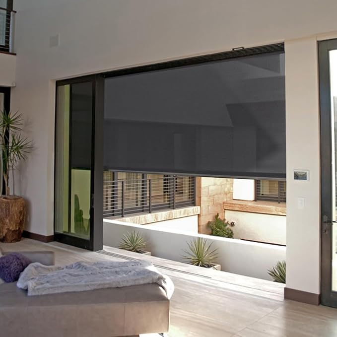 ZSHINE Hard-Wired Outdoor Snow Blocking Weatherproof Motorized Patio Roller Shades Remote Control for Porch Balcony Customized Size (Black Grey 10% Openness)