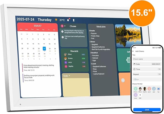15.6 Inch Digital Calendar Wall Touch Screen Chore Chart, 64GB Electronic Calendar + 1080 FHD Smart Family Planner, Wall and Desk Mountable