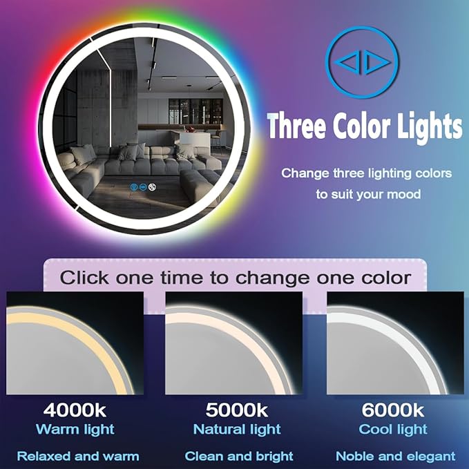 30 Inch LED Bathroom Mirror With Front Light 3 Colors + Rainbow RGB Color Changing Backlit Round Lighted Mirror for Wall Anti Fog 30" Smart Circle Mood Light up Mirror