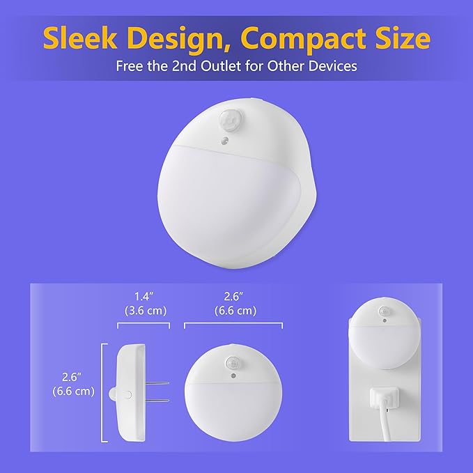 2 Pack Plug in Night Light, Dusk to Dawn, 3 Lighting Ways, Stepless Dimming, Auto On/Off Light Sensor, Blue LED Nightlight for Bathroom, Hallway, Stairs, Bedroom, Kitchen, Kids