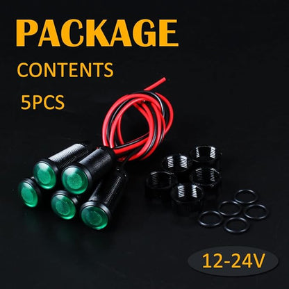 5pcs 10mm LED Indicator Light Plastic Black Signal Dot Lamp 12V-24V 2/5" Mounting Hole Size with 15cm/5.9in. Wire (Green LED)