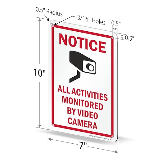 SmartSign 10 x 7 inch “Notice - All Activities Monitored By Video Camera” Metal Sign, 40 mil Laminated Rustproof Aluminum, Red, Black and White, Made in USA