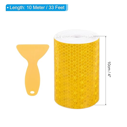 PATIKIL 4 Inch x 33 ft Reflective Tape, 1 Roll Waterproof Self Adhesive High Visibility Caution Warning Safety Tape Reflector with Scraper for Trucks Trailers Cars, Yellow