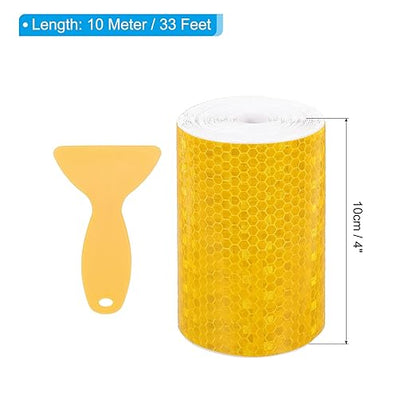 PATIKIL 4 Inch x 33 ft Reflective Tape, 1 Roll Waterproof Self Adhesive High Visibility Caution Warning Safety Tape Reflector with Scraper for Trucks Trailers Cars, Yellow