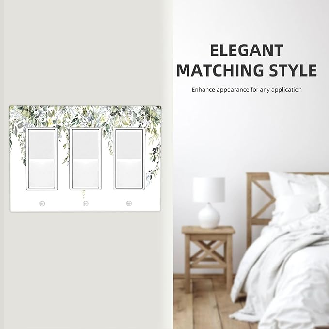 Light Switch Covers Boho Farmhouse Flower Leaf Sage Green 3 Gang Rocker Electrical GFCI Decorative Triple Outlet Wall Plate Cover Switchplate for Bedroom Cabin Decor
