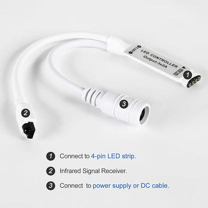 RGBZONE 4-PIN LED Controller, 44-Keys IR Wireless Remote Control, DC 5V/12V/24V RGB LED Light Strip Controller for SMD 3528 5050 5630 RGB LED Strips
