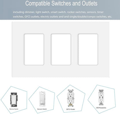 3-Gang Screwless Decorator Wall Plate Cover Switch Outlet Electrical Faceplate for Light Switche, Smart Switch, Receptacle, Dimmers, USB Outlet, GFCI, Child Safe Cover Plate, White (6-Pack)