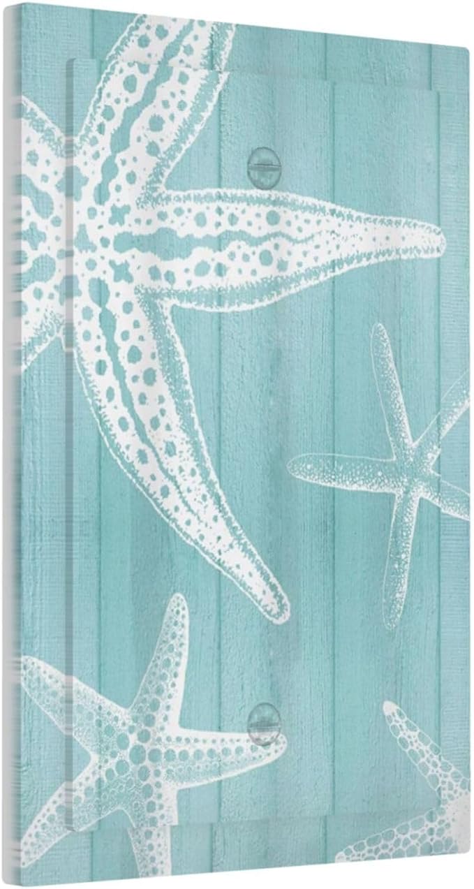 Decorative Light Switch Cover Plate Starfish Teal Wood Board Nautical 1 Gang No Device Single Blank Outlet Covers Wall Plates for Electrical Outlets Faceplate for Bedroom Home Decor
