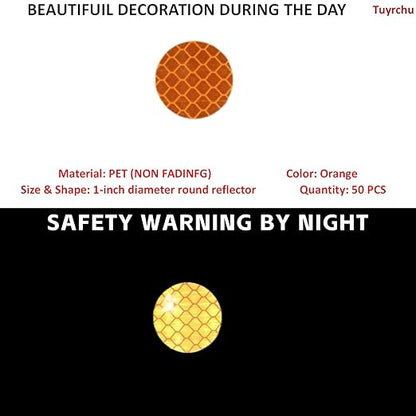 Non Fading Orange Reflective Stickers 1-inch Diameter Round Reflector, Outdoor Waterproof High Visibility Warning Adhesive Tape (50 Pcs)