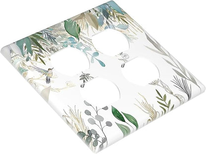 Green Tropical Palm Leaves Flower Plants Hummingbird Outlet Covers 2 Gang Double Duplex Decorative Light Switch Covers Electrical Wallplates Socket Faceplate for Bed Room Living Room Decor