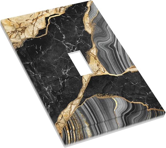 Decorative Light Switch Plate Covers Modern Abstract Black Gold Marble 1 Gang Light Switch Cover Plate Single Toggle Wall Plate Outlet Covers Faceplate for Bathroom Decor （2 Pack）
