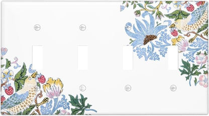 Decorative Light Switch Cover Plate Retro Morris Strawberry Rustic Plant Bird 4 Gang Wall Plate Oversized Quad Toggle Switch Cover Plate Jumbo Faceplate for Bedroom Decor