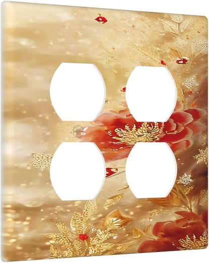 Decorative Outlet Covers Golden Leaf Red Peony Flowers Floral 2 Gang Wall Plate Cover Double Duplex Receptacle Two Switch Light Switch Cover Plate Jumbo Dual Faceplate