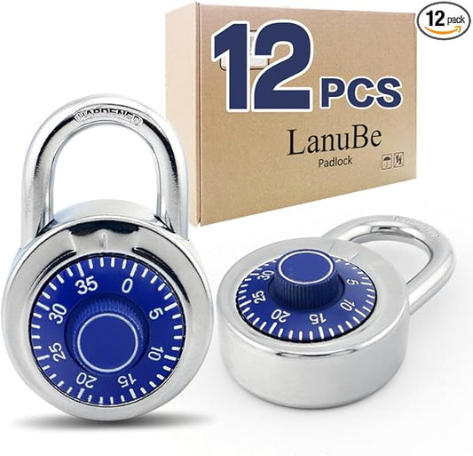 LanuBe Standard Dial Combination Lock, 2 inches. Wide, with Different Combinations, Blue Turnplate, Pack of 12; Lock for School, Employee, Gym Sports Locker, Case, Toolbox