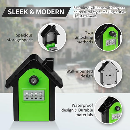Key Lock Box with Combination lock & Key lock, Portable Large Capacity Key Storage Box Wall Mounted, Resettable Code, Waterproof Security Lock Box for Home, Office, Garage, Realtors Green(1 Pack)