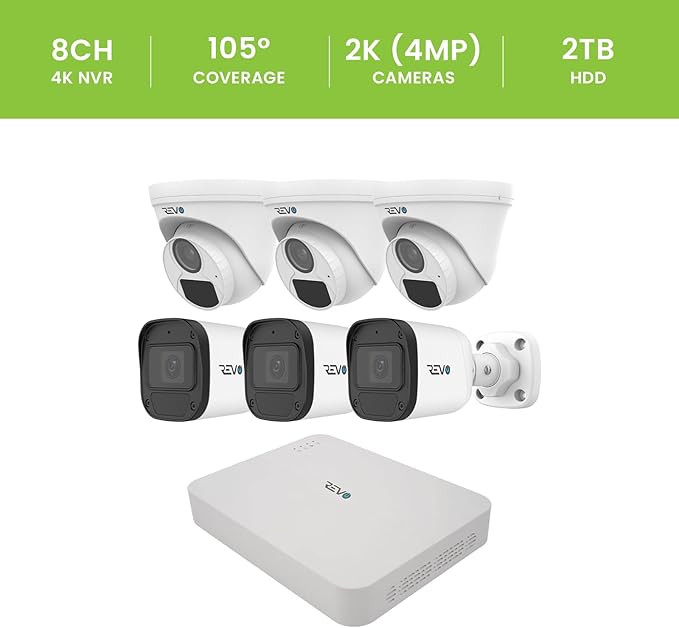 Revo Ultra Blue Series 8CH 4K POE H.265 NVR, 2TB & 6X 2K (4mp) Indoor/Outdoor IR Cameras with Built-in Mic – Remote Access Via Pc, Mac & Phone (No Monthly Fee)