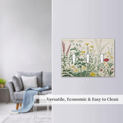 Rustic Wildflower Green Plants Daisy Floral Decorative Switch Plates 3 Gang Wall Plate Triple Toggle Light Switch Cover Faceplate Electrical Wall Panels For Farmhouse Bed Room Decor