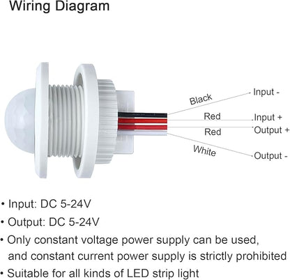 DC 12V/24V Motion Sensor Light Switch,PIR Smart Infrared Human Body Detection,Adjustable Delay & Light Sensitivity,for LED Strip Lights,Cabinets,Closets,Wardrobes,Pantry,Under-Bed Lighting