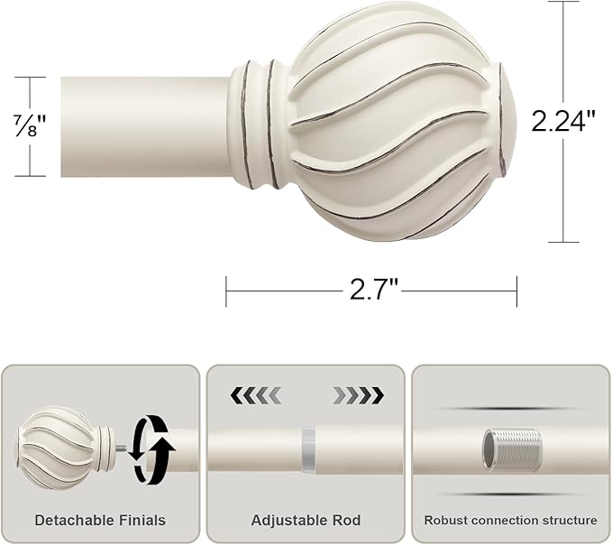 White Curtain Rods Set of 2 for Windows 48 to 84 Inch 7/8" Diamete Heavy Duty Adjustable Window Curtain Rod with Decorative Finials for Farmhouse Bedroom Living Room Kitchen Outdoor