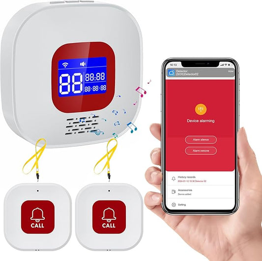 eMylo Caregiver Pager Wireless Call Buttons,Smart Monitoring System Call Bell,Emergency Button for Elderly Senior Compatible with Tuya/Smart Life(1 Receiver + 2 Panic Emergency Buttons)