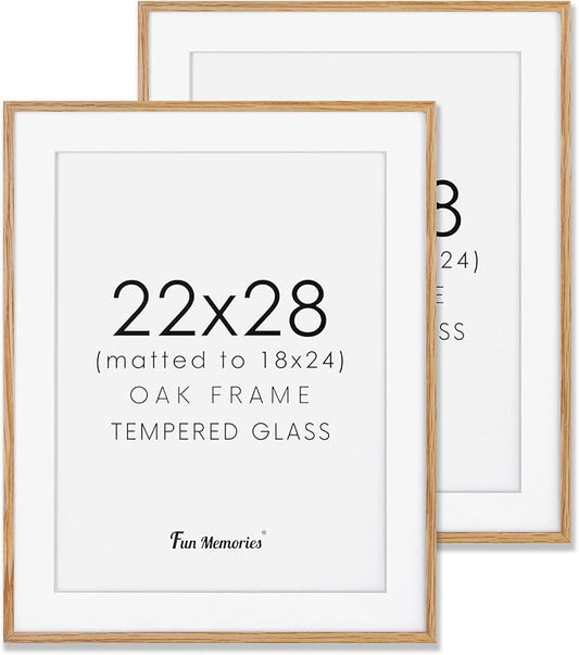 22x28 Picture Frame, Natural Oak Wood 22 x 28 Poster Frames, Set of 2, 22x28 Frame Matted to 18x24, 22 by 28 Picture Frames with Tempered Glass, Oak Color