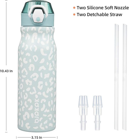 BJPKPK Water Bottle with Straw 25oz Insulated Water Bottles Reusable Stainless Steel Metal Thermal Flask with Leak Proof Lockable Lid and Carry Handle,Light Blue Leopard