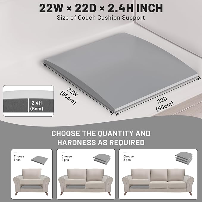 Couch Cushion Support for Sagging Seat – 3 Pack 22x22x2.4 Inch Sofa Cushion Board Saver & Replacement Insert for Saggy Couch or Chair, Quick No-Tool Install with 40D High Density Foam
