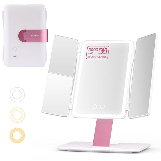 EASEHOLD Foldable Tri-Fold Lighted Makeup Vanity Mirror with 60 LED Lights, 1X/2X/3X Magnification, Touch Control Dimming, 3000mah Rechargeable, 360° Rotation, Portable Travel Folding Compact Mirror