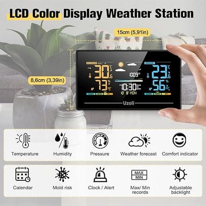 Uzoli EM3405 Weather Station Indoor Outdoor Wireless Thermometer Hygrometer, Temperature Humidity Monitor with Remote Sensor, Digital Weather Forecast Station for Home Use
