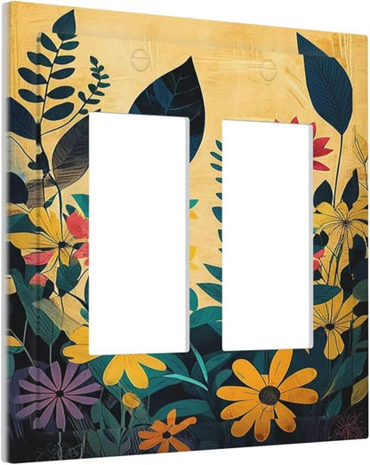Abstract Minimalist Floral Botanical Boho Flower Outlet Covers Light Switch Cover Plate 2 Gang Double Rocker Wall Plates Decorative Switch Plates Plug Cover Electrical GFCI Receptacle 4.9 X 5 IN