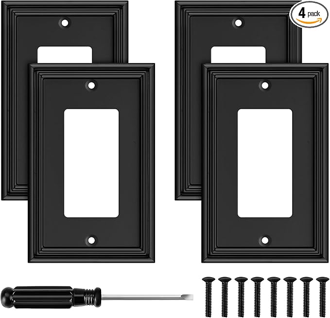Black Modern Decorative Wall Plate Light Switch Cover Decorator Outlet Covers Rocker Switch Plates Bamboo Fiber Material Wall Plates for Kitchen Bathroom (1 Gang Single Decorator-4 Pack)