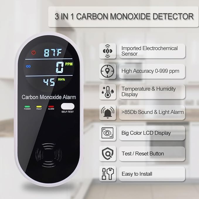 3 in 1 Carbon Monoxide Detector, KH Alert Portable Carbon Monoxide Detectors for Travel, Plug in Carbon Monoxide Detector with Temperature Humidity Sensor Built-in, Easy to Read & Install