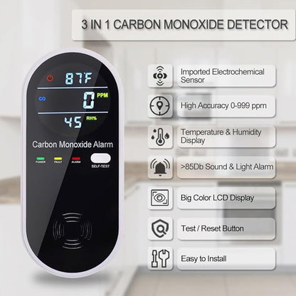 3 in 1 Carbon Monoxide Detector, KH Alert Portable Carbon Monoxide Detectors for Travel, Plug in Carbon Monoxide Detector with Temperature Humidity Sensor Built-in, Easy to Read & Install