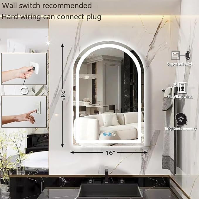THEKLA 16 x 24 Inch LED Arched Mirror with Lights Memory 3 Color Adjustable Brightness Frontlight Arch Lighted Vanity Mirror for Bathroom Wall TableTop AntiFog 24" Bathroom Smart Arch Light up Mirrors