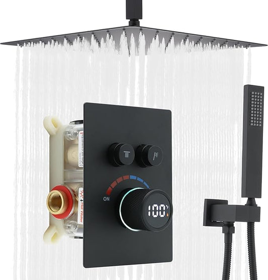 Digital Display Shower System Set 16 Inches Rain Fall Head Temperature Valve Shower Handheld Shower Head Sets for Bathroom Concealed Installation