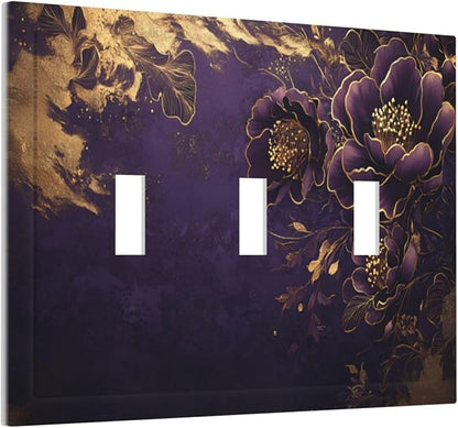 Decorative Purple Peony Gold Leaf Flowers Floral 3 Gang Wall Plate Oversized Triple Toggle Switch Cover Plate Jumbo Electrical Face Plate for Bedroom Decor