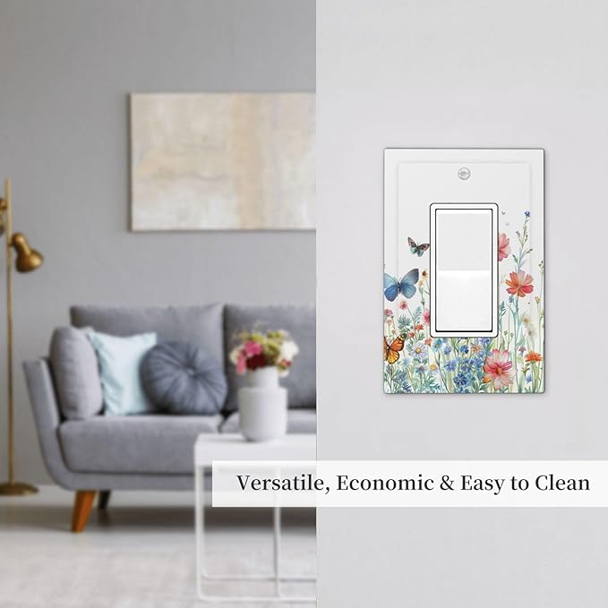 Decorative Outlet Covers Rustic Wildflower Blue Pink Floral Butterfly 1 Gang Rocker Light Switch Cover Plate Single Wall Plates for Electrical Outlets Switch Plate Covers for Home Decor