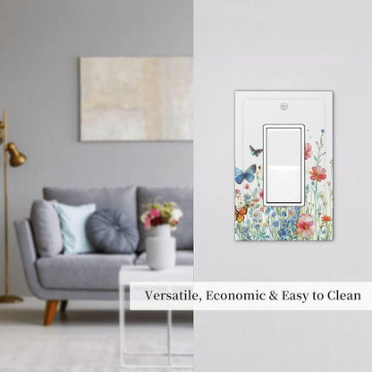 Decorative Outlet Covers Rustic Wildflower Blue Pink Floral Butterfly 1 Gang Rocker Light Switch Cover Plate Single Wall Plates for Electrical Outlets Switch Plate Covers for Home Decor