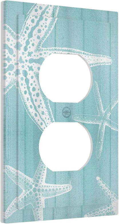 Decorative Outlet Covers Starfish Teal Wood Board Nautical 1 Gang Duplex Light Switch Cover Plate Unique Wall Plates for Electrical Outlets Switch Plate Covers for Bedroom Home Decor