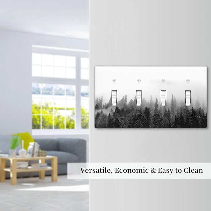 Light Switch Covers Fores Black White Landscape Misty Woods Quad Toggle Electrical Faceplate 4 Gang Wall Plate Decorative Switch Plates For Farmhouse Cabin Decor