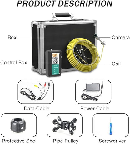 Sanyipace Sewer Camera 165FT/50M with WiFi Wireless Transmission, Drain Camera with Lights, Pipe Sewer Scope Inspection Camera with IP68 Waterproof Camera Probe, 7" Color Screen, Camera Guide Wheel