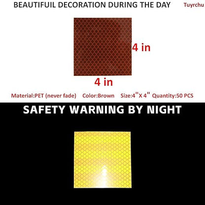 Non Fading Brown Reflective Stickers 4 inch X 4 inch, Outdoor Waterproof High Visibility Warning Safety Adhesive Reflector Tape (50 Pcs)