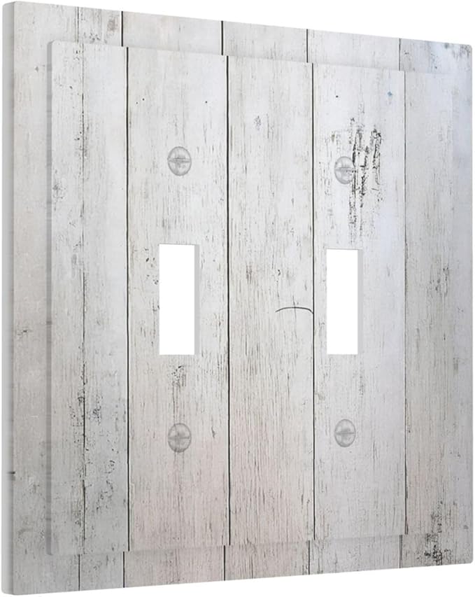 Rustic White Grey Wood Grain Decorative Switch Plates 2 Gang Double Toggle Outlet Light Switch Cover Wall Plate Electrical Faceplate for Bedroom Bathroom Decor