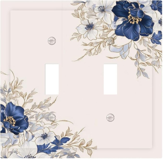 Decorative Light Switch Cover Plate Rustic Blue Beige Flower Peony Floral 2 Gang Outlet Covers Double Toggle Wall Plates for Electrical Outlets Switch Plate Covers Faceplate for Home Decor