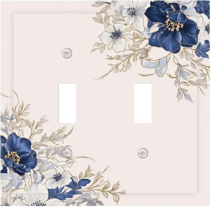 Decorative Light Switch Cover Plate Rustic Blue Beige Flower Peony Floral 2 Gang Outlet Covers Double Toggle Wall Plates for Electrical Outlets Switch Plate Covers Faceplate for Home Decor