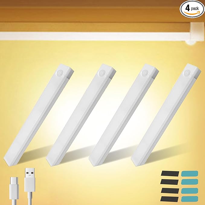 4 PCS Punch-Free Smart Sensor Magnetic Rechargeable Led Lights, Motion Sensor Light Indoor, USB C Rechargeable Closet Under Counter Lighting for Kitchen,Cupboard,Wardrobe (11.8in Warm Light)
