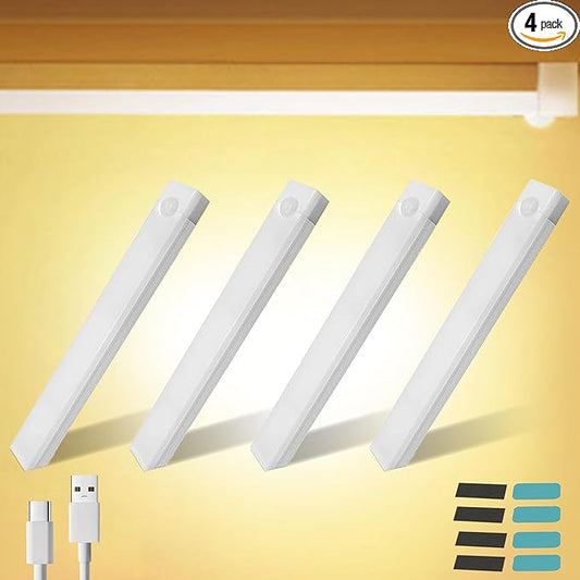 4 PCS Punch-Free Smart Sensor Magnetic Rechargeable Led Lights, Motion Sensor Light Indoor, USB C Rechargeable Closet Under Counter Lighting for Kitchen,Cupboard,Wardrobe (3.9in Warm Light)