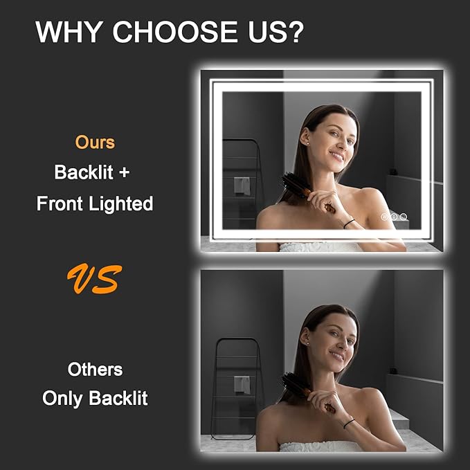 LED Bathroom Mirror, 48"X36" with Front and Backlit, Anti-Fog, Large Bathroom Vanity Mirror for Wall, Memory Function, Stepless Dimmable, Tempered Glass (Horizontal/Vertical)