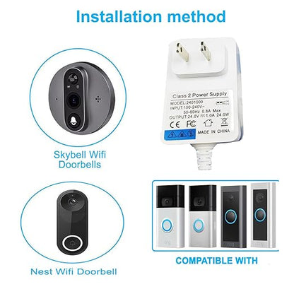 24VDC Video Doorbell Power Adapter, Power Supply Transformer for Ring, Nest, Eufy, Wyze, Arlo, 19.6 ft Cable, White